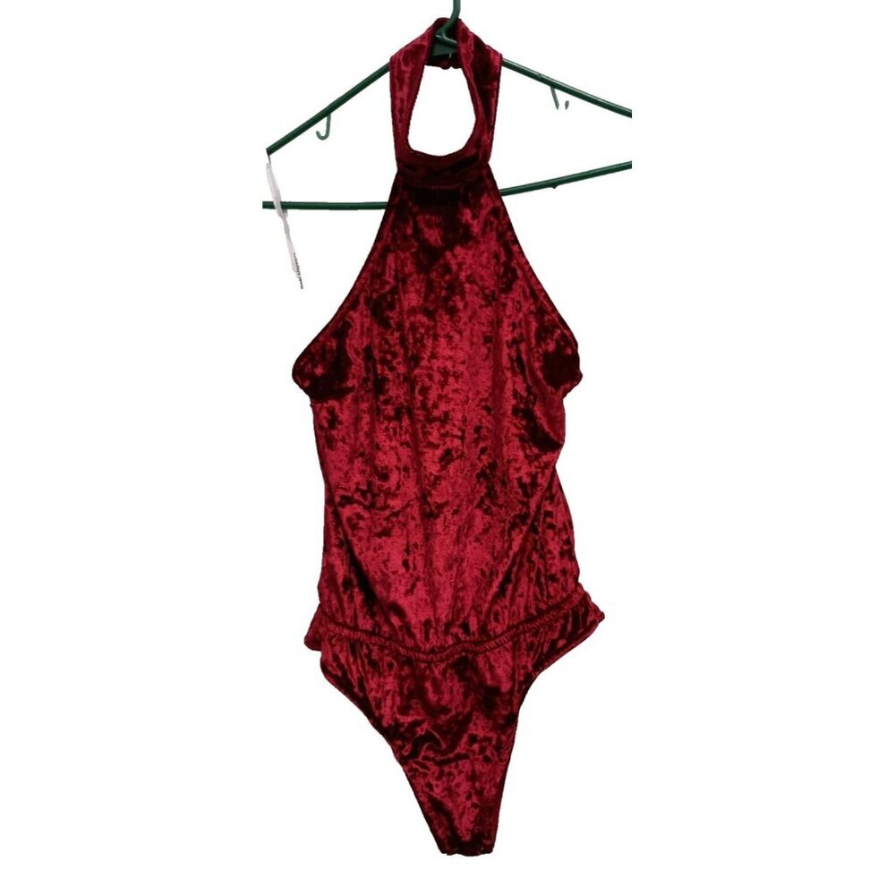 Some Days Lovin Womens Bodysuit Size Small Maroon Velvet Halter Open Back NWT